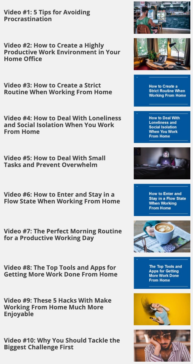Work From Home ten-video visual course index